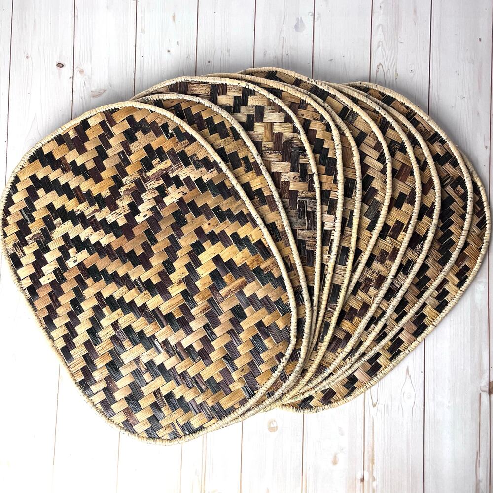 Set of 8 Woven Wicker Oval Placemats Reversible Brown Tone Vintage Boho Natural